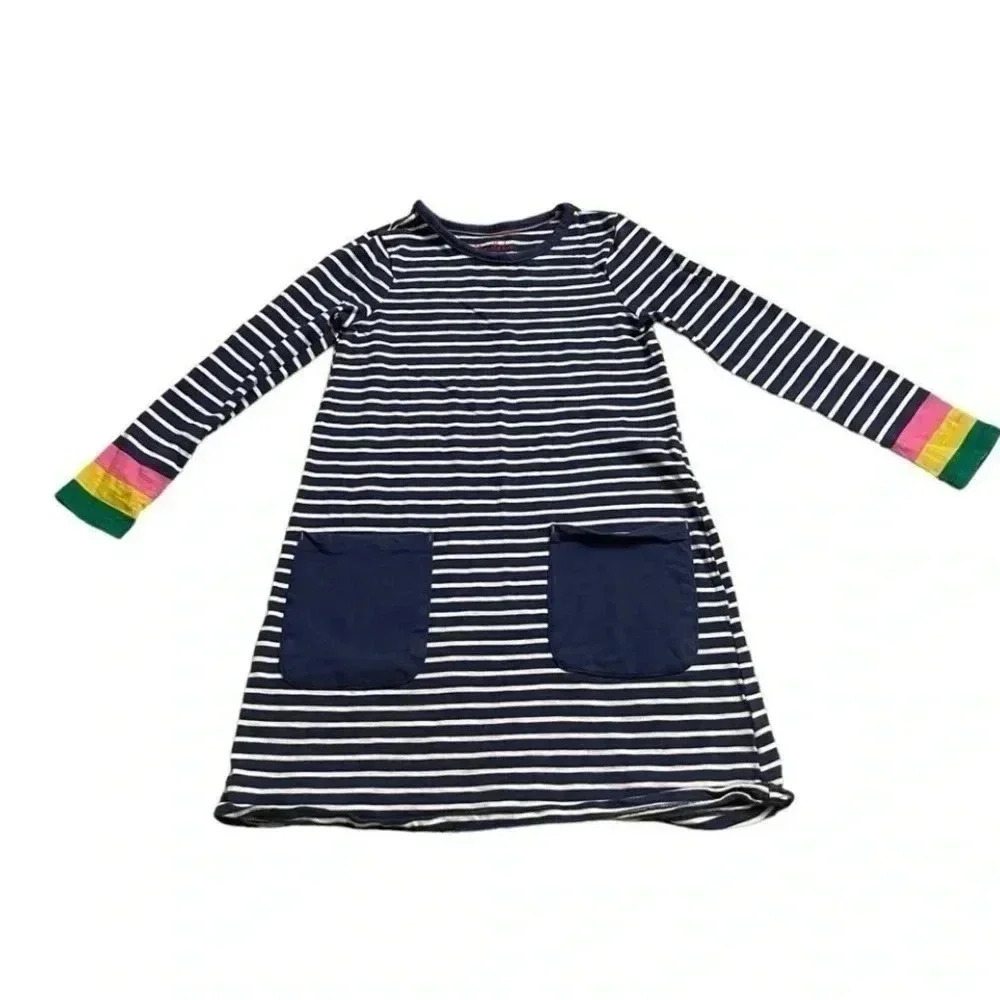 Mini Boden Navy and White Striped Long Sleeve Dress with Rainbow Cuffs